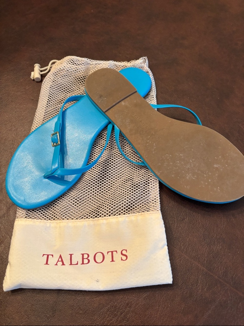 Talbots Bright Blue Leather Toe-Post Sandals with Buckle - Picture 2 of 3